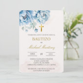 Blauwe bloemen Spaanse doop uitnodiging (Staand voorkant)