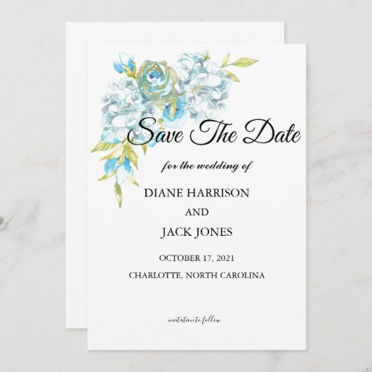 Blauwe bloemen sparen de Datum Weddenschap Kaart (Voorkant / Achterkant)