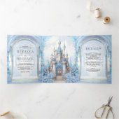 Blauwe Bloemen Sprookjeskasteel Alles in één bruil Drieluik Uitnodiging (Binnen)