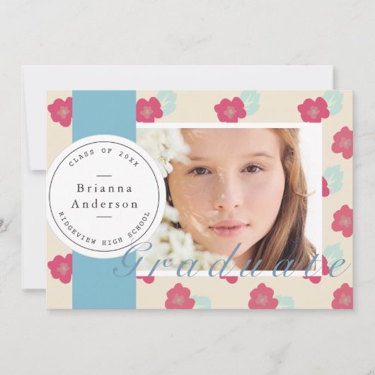 Blauwe Bloemen Stempel & Lint Foto Afstuderen Kaart (Voorkant)