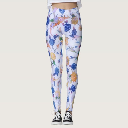 Blauwe Bloemen Stijl Bloemen Art Leggings (Voorkant)