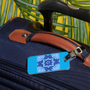 Blauwe Bloemen Tegel Patroon  Mediterraan Bagagelabel