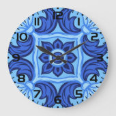 Blauwe Bloemen Tegel Patroon Mediterraan Grote Klok (Voorkant)