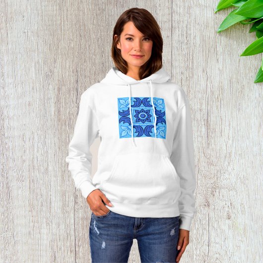 Blauwe Bloemen Tegel Patroon  Mediterraan Hoodie