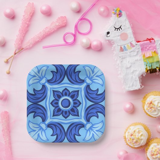 Blauwe Bloemen Tegel Patroon  Mediterraan Papieren Bordje (Feest)