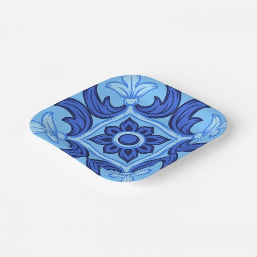 Blauwe Bloemen Tegel Patroon  Mediterraan Papieren Bordje (Gebogen)