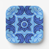 Blauwe Bloemen Tegel Patroon  Mediterraan Papieren Bordje (Voorkant)