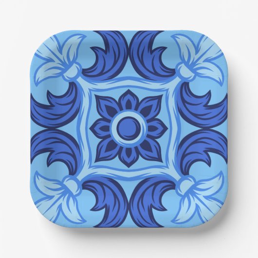 Blauwe Bloemen Tegel Patroon  Mediterraan Papieren Bordje (Voorkant)