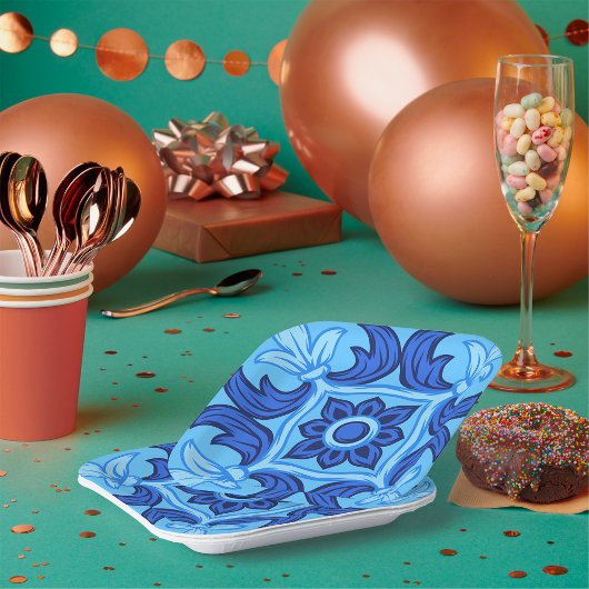 Blauwe Bloemen Tegel Patroon  Mediterraan Papieren Bordje