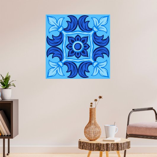 Blauwe Bloemen Tegel Patroon Mediterraan Poster