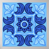 Blauwe Bloemen Tegel Patroon Mediterraan Poster (Voorkant)
