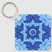 Blauwe Bloemen Tegel Patroon  Mediterraan Sleutelhanger (Voorkant)