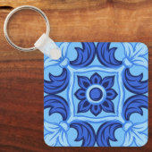 Blauwe Bloemen Tegel Patroon  Mediterraan Sleutelhanger (Voorkant)