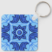 Blauwe Bloemen Tegel Patroon  Mediterraan Sleutelhanger (Achterkant)