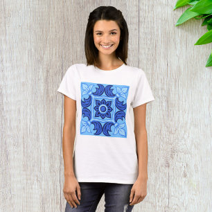 Blauwe Bloemen Tegel Patroon  Mediterraan T-shirt