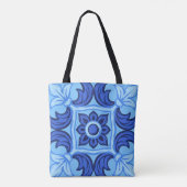 Blauwe Bloemen Tegel Patroon  Mediterraan Tote Bag (Achterkant)