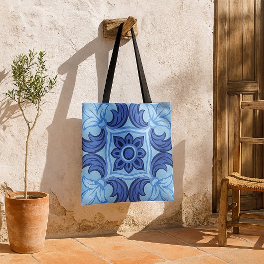 Blauwe Bloemen Tegel Patroon  Mediterraan Tote Bag