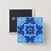 Blauwe Bloemen Tegel Patroon  Mediterraan Vierkante Button 5,1 Cm (Voorkant /achterkant)