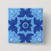 Blauwe Bloemen Tegel Patroon  Mediterraan Vierkante Button 5,1 Cm (Voorkant)