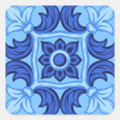 Blauwe Bloemen Tegel Patroon  Mediterraan Vierkante Sticker (Voorkant)