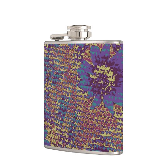 Blauwe bloemen tegen bladcamouflage heupfles (Links)