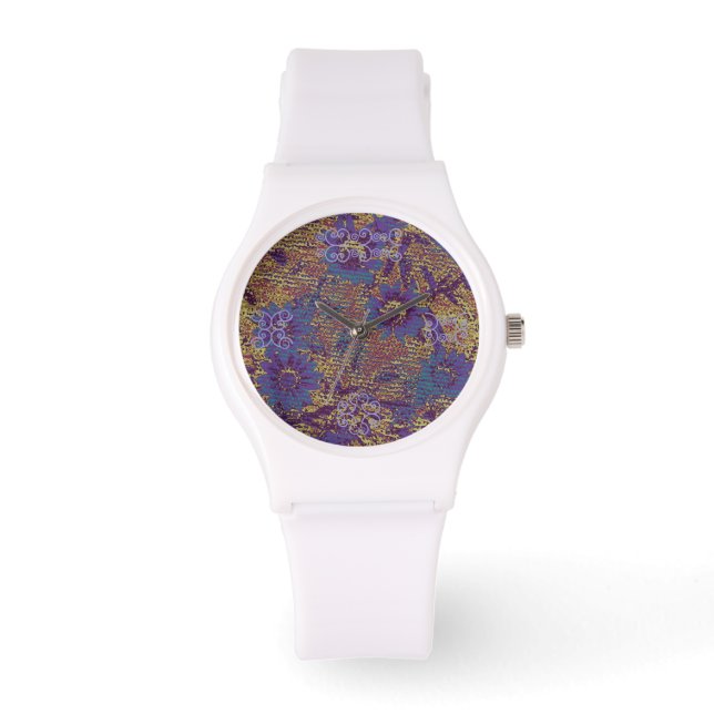 Blauwe bloemen tegen bladcamouflage horloge (Voorkant)