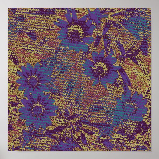 Blauwe bloemen tegen bladcamouflage poster (Voorkant)