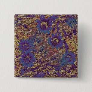 Blauwe bloemen tegen bladcamouflage vierkante button 5,1 cm