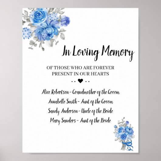 Blauwe Bloemen Ter Herinnering Trouwbord Poster (Voorkant)