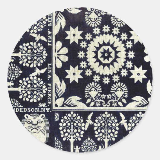 blauwe bloemen textiel ronde sticker (Voorkant)
