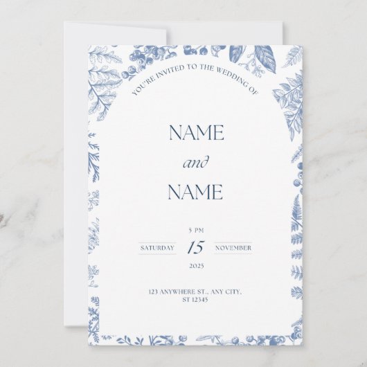 Blauwe bloemen thema bruiloft uitnodiging (Voorkant)
