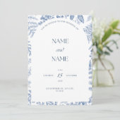 Blauwe bloemen thema bruiloft uitnodiging (Staand voorkant)