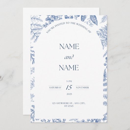 Blauwe bloemen thema bruiloft uitnodiging (Voorkant / Achterkant)