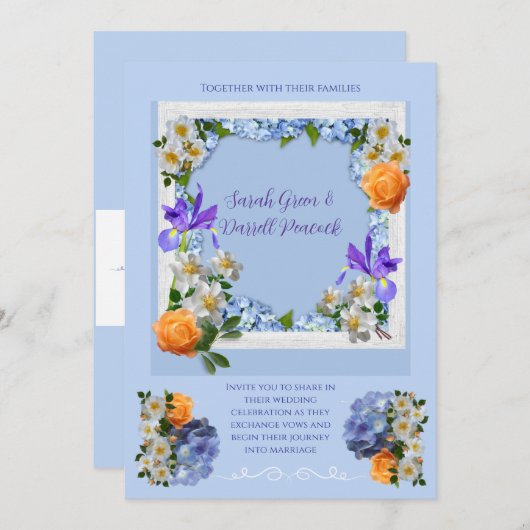 Blauwe bloemen thema bruiloft uitnodigingen (Voorkant / Achterkant)