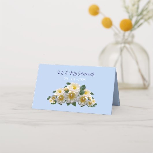 Blauwe bloemen thema trouwtafel naamkaart plaatskaartje (Achterkant)