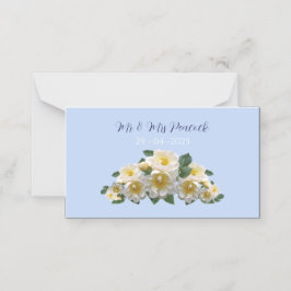 Blauwe bloemen thema trouwtafel naamkaart plaatskaartje