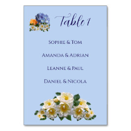 Blauwe bloemen thema trouwtafel naamlijst kaart