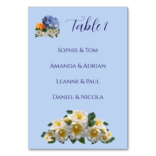 Blauwe bloemen thema trouwtafel naamlijst kaart (Voorkant)