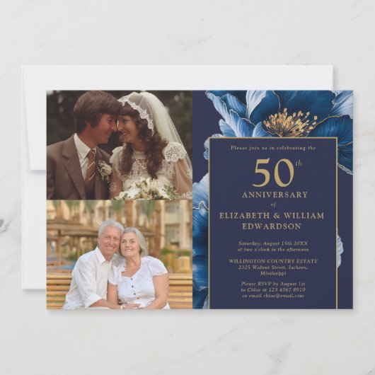 Blauwe Bloemen Toen En Nu 50e Jubileum 2 Foto Kaart (Voorkant)