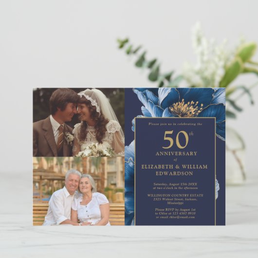 Blauwe Bloemen Toen En Nu 50e Jubileum 2 Foto Kaart (Staand voorkant)