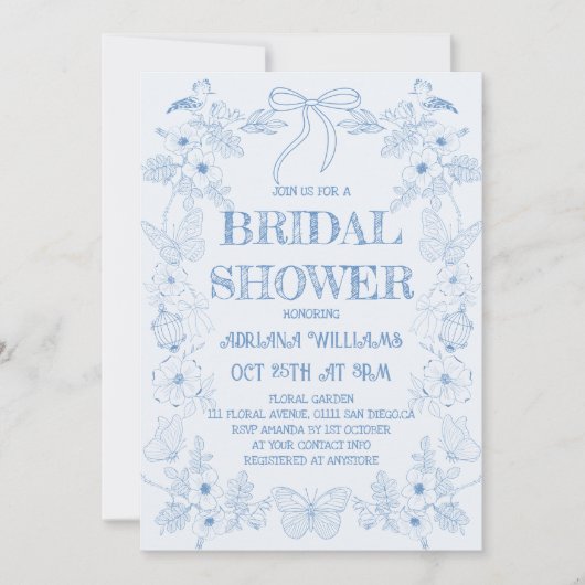 Blauwe Bloemen Toile Bow Bruids Douche Uitnodiging (Voorkant)