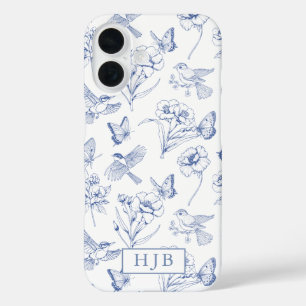 Blauwe Bloemen Toile Butterfly Monogram iPhone Cas iPhone 16 Hoesje