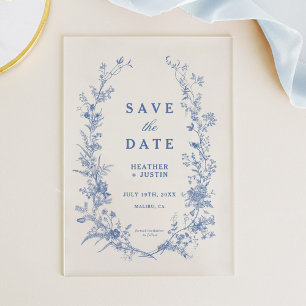Blauwe bloemen Toile Save the date Acryl Uitnodigingen