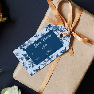  Blauwe Bloemen Toile Verjaardag Cadeaulabel