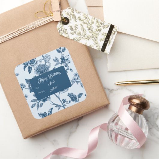  Blauwe Bloemen Toile Verjaardag Vierkante Sticker (Geschenken)