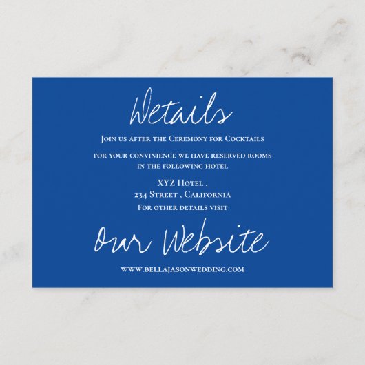 Blauwe Bloemen Trendy Bloemen Trouwdetails Informatiekaartje (Achterkant)