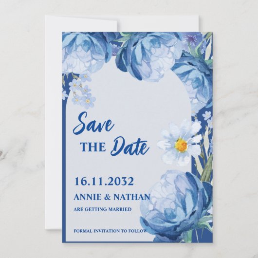  Blauwe Bloemen Trendy Wedding Save the Date (Voorkant)
