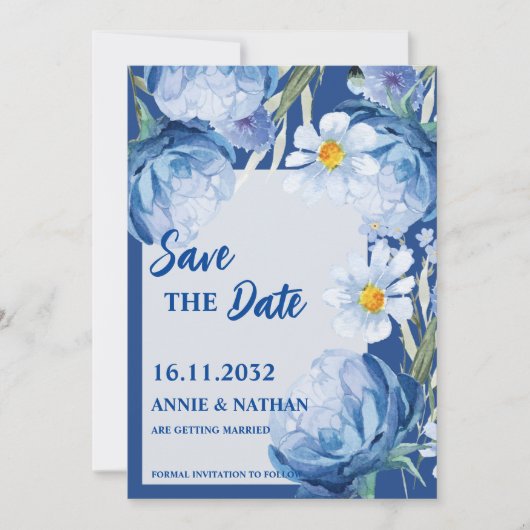  Blauwe Bloemen Trendy Wedding Save the Date (Voorkant)