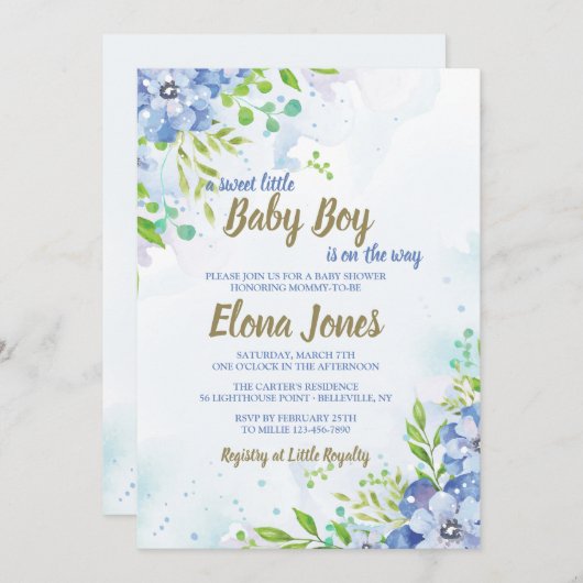 Blauwe Bloemen Uitnodiging voor een Bruiloft/Douch (Voorkant / Achterkant)