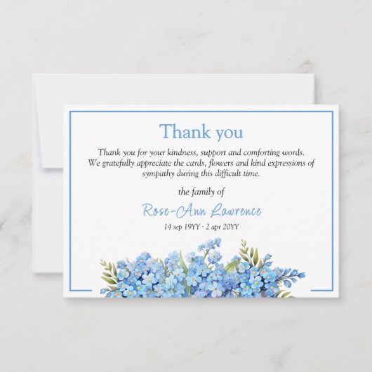 Blauwe bloemen vergeet-mij-nietjes bloemen begrafe bedankkaart (Voorkant)